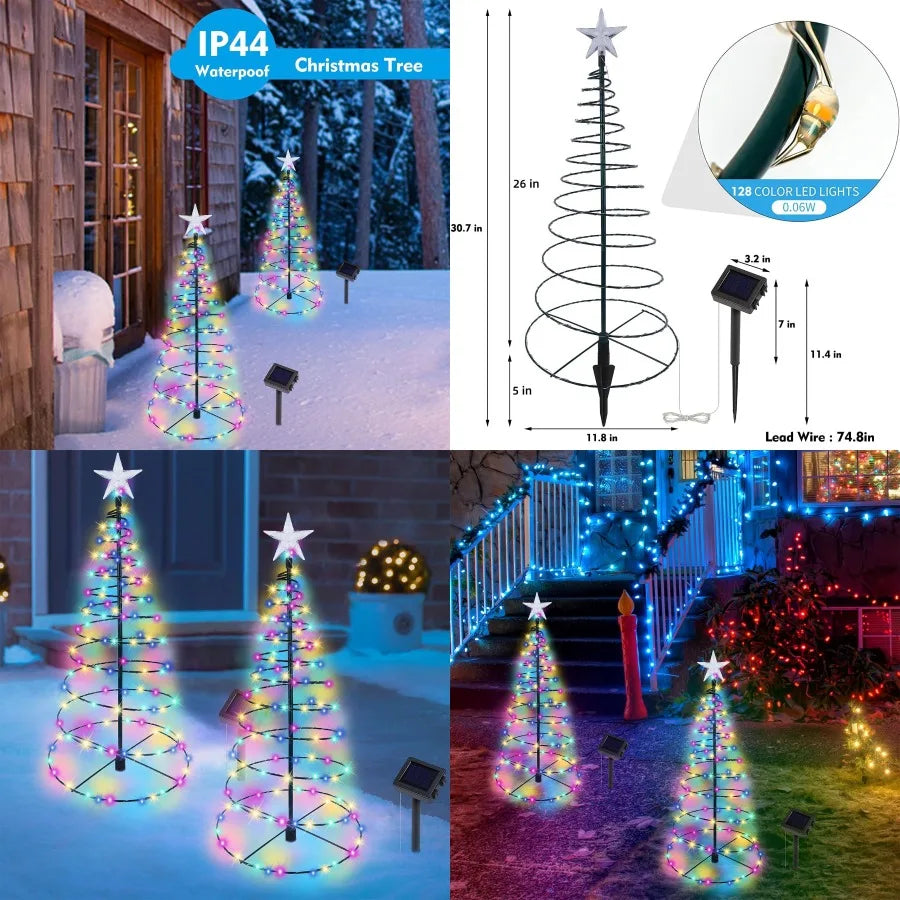 2 Pack Solar-Powered Spiral Christmas Trees with Multicolor LED Lights for Outdoor