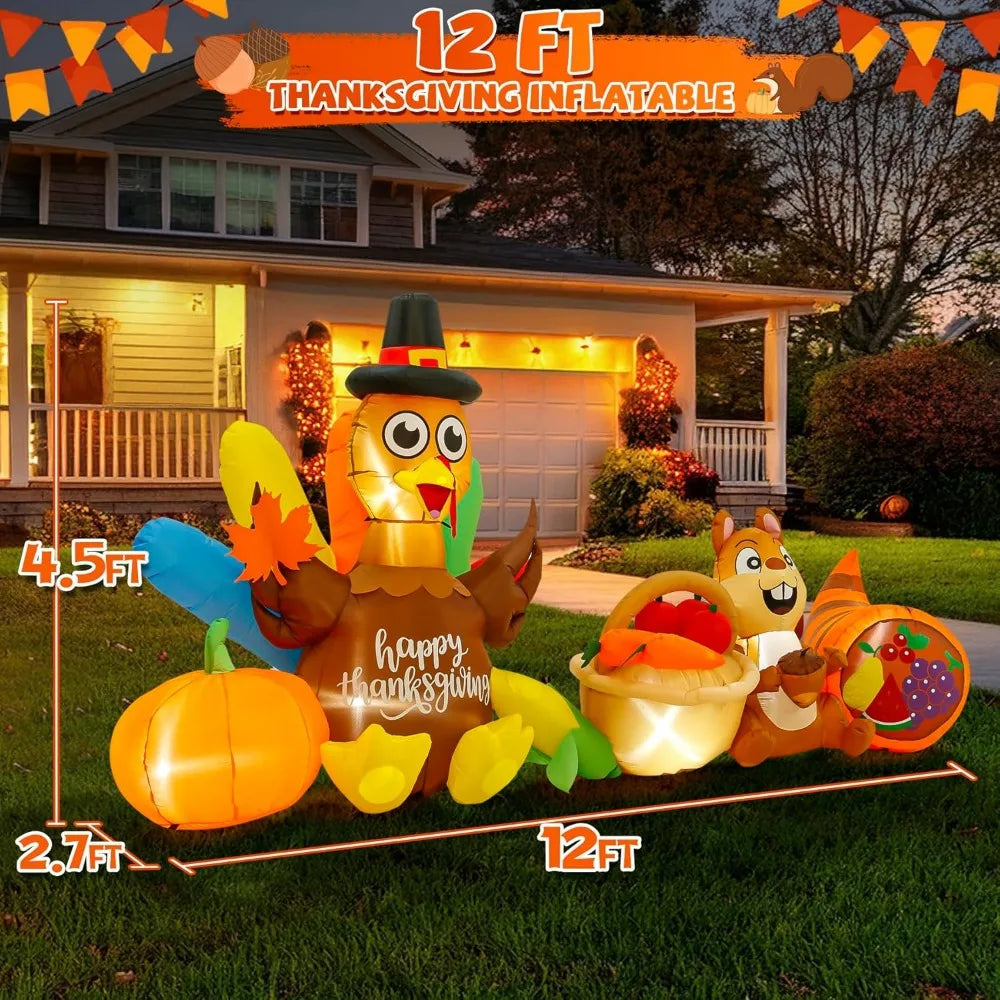 12-Foot Thanksgiving Turkey with Pumpkin and Corn, LED Lighted Outdoor Inflatable Decoration