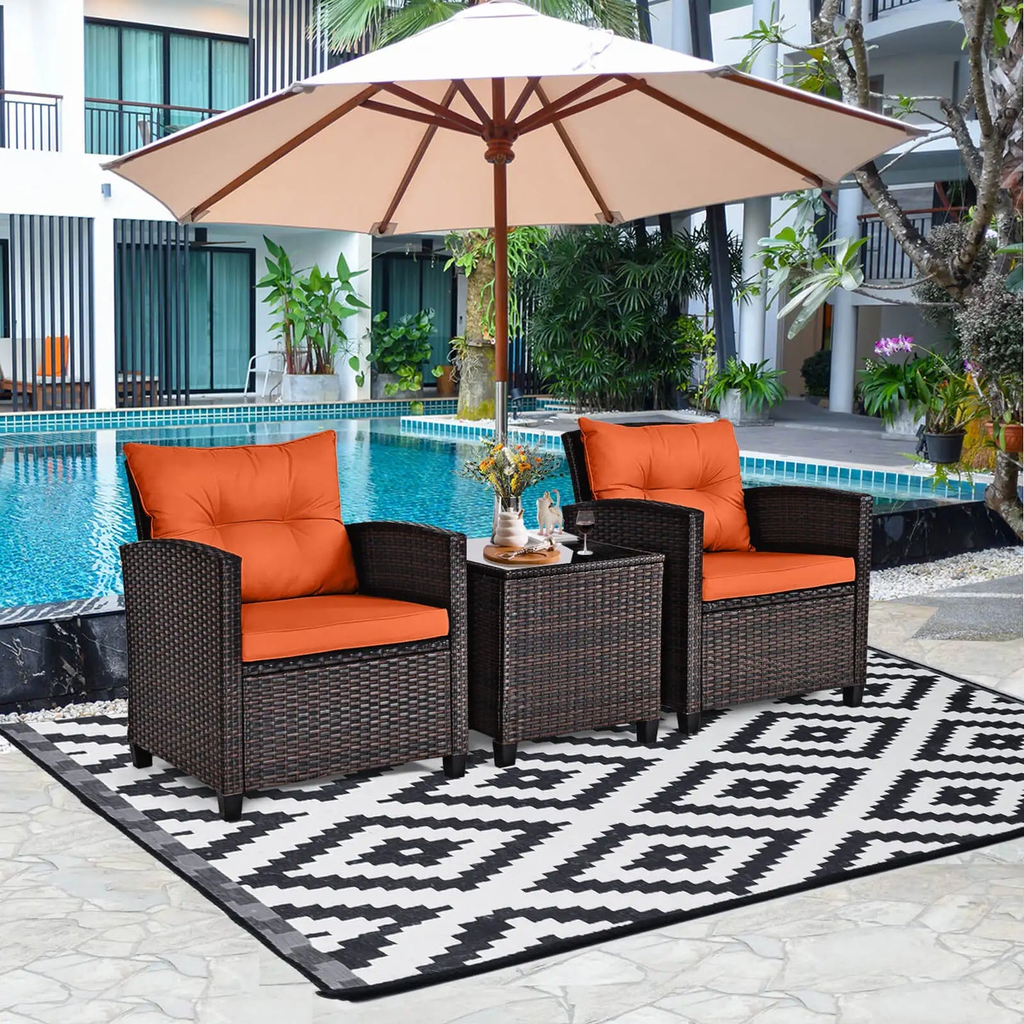 3 PCS Patio Rattan Furniture Set with Cushions