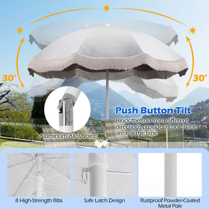 6.5 FT Outdoor Fringe Patio Umbrella w/ Carrying Bag Push Button Tilt
