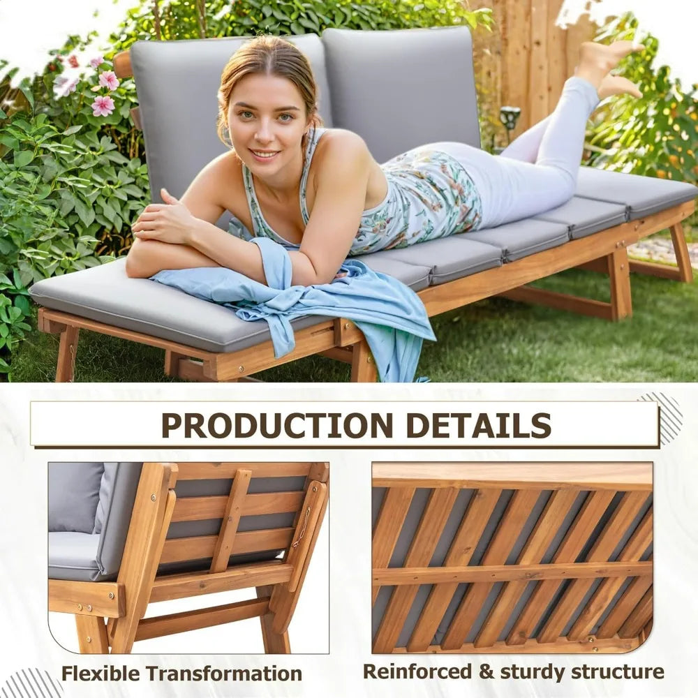 Acacia Wood Patio Couch with Adjustable Armrests