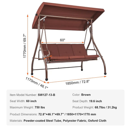 3-Seat Patio Swing Chair, with Removable Thick Cushions