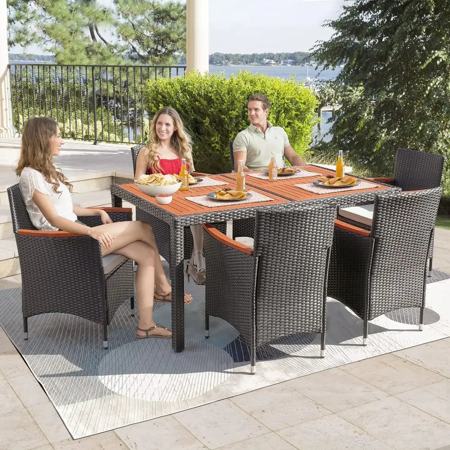 7 Piece Patio Dining Set Outdoor Acacia Wood Table and Chairs with Soft Cushions