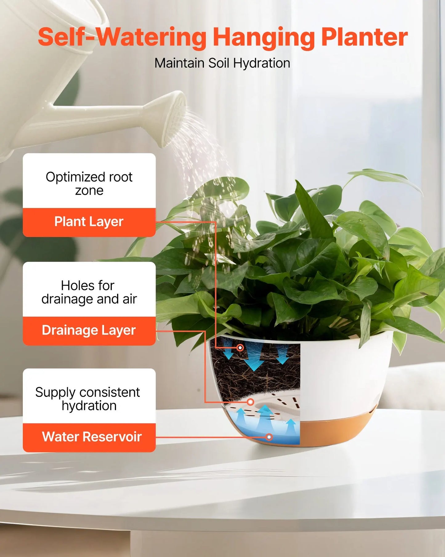 Hanging 10 Inch Self-Watering Flower Pot 2 Pack Indoor & Outdoor