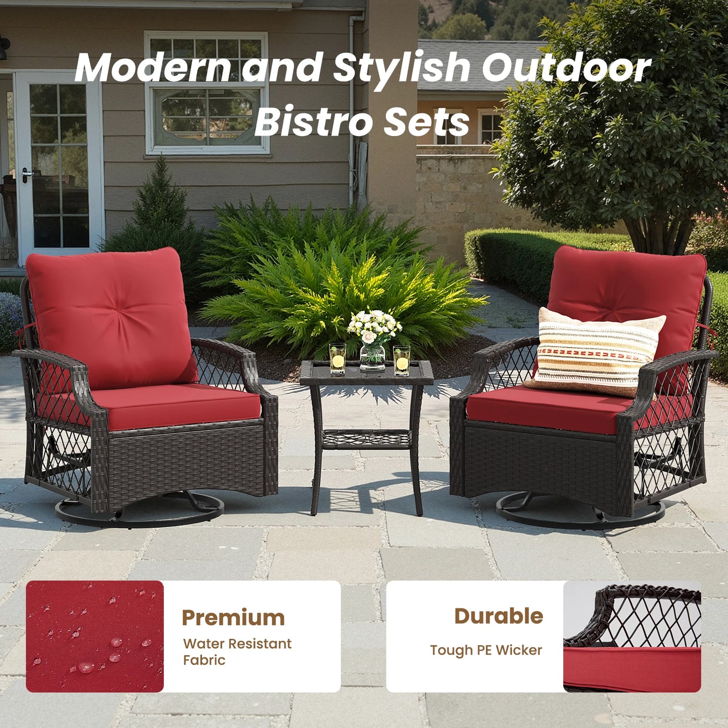 3-Piece Swivel Patio Bistro Set with Cushions & Table