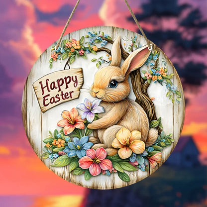 Farmhouse Easter metal sign with Bunny Logo, Lilies & Spring Decor