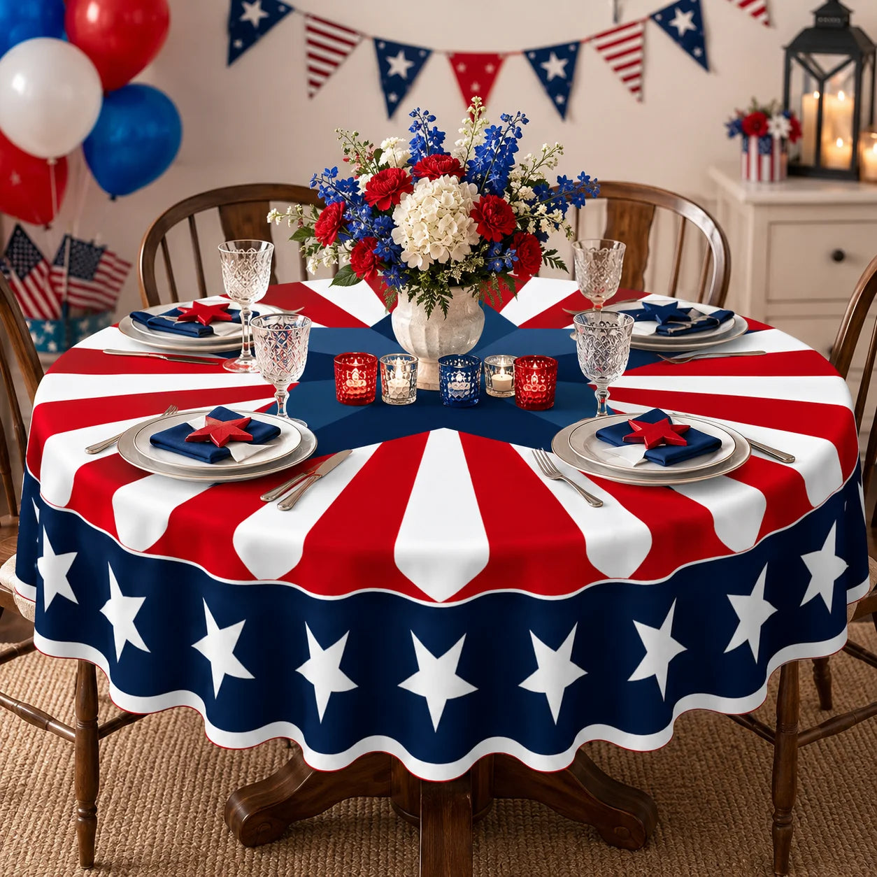 Round Patriotic Tablecloth Red White Blue Star Stripes Print