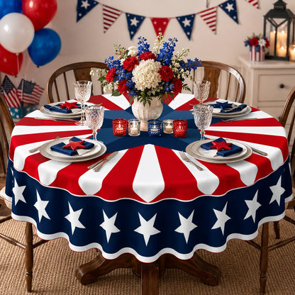 Round Patriotic Tablecloth Red White Blue Star Stripes Print
