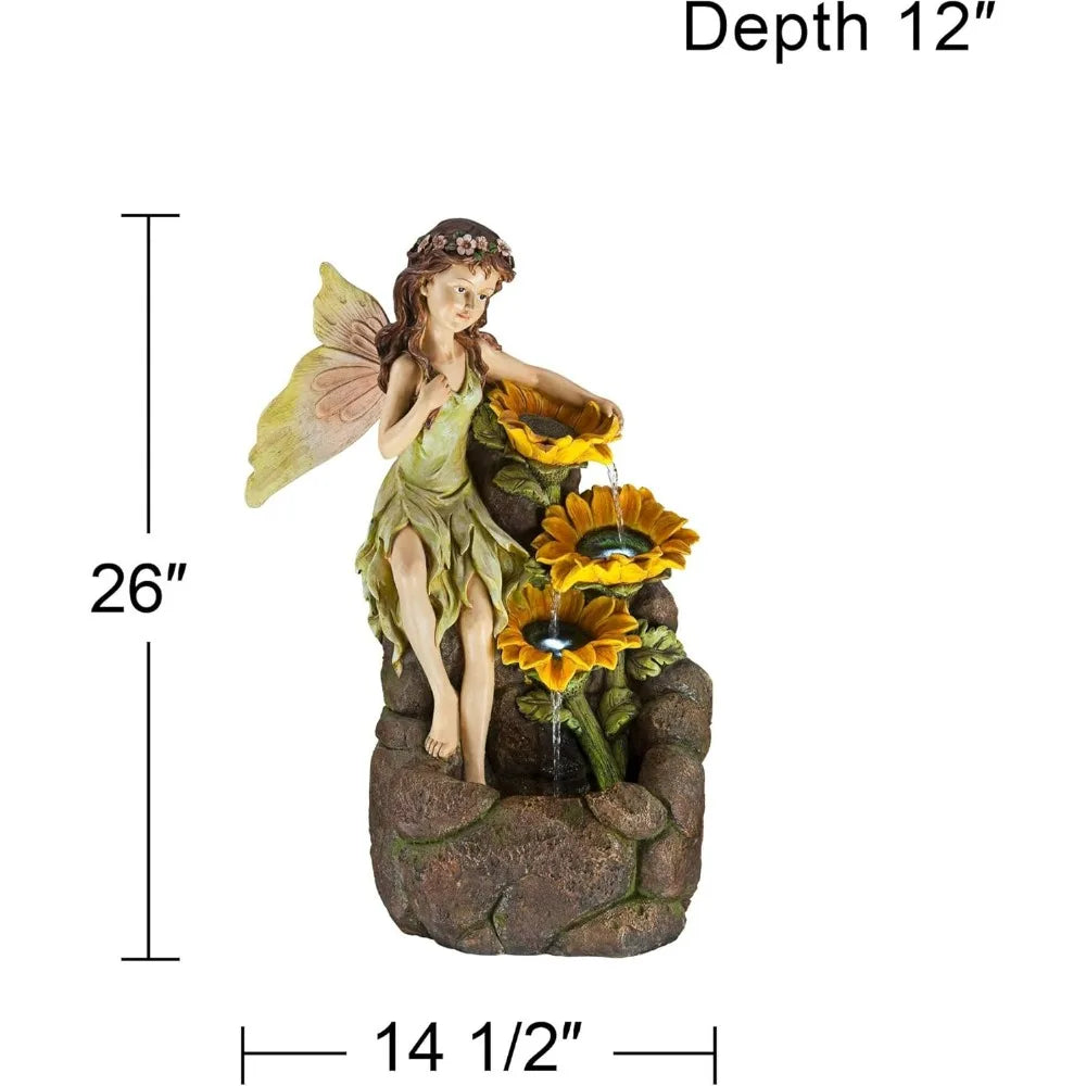 Garden Fairy with Sunflowers Faux Stone Floor Fountain with Light