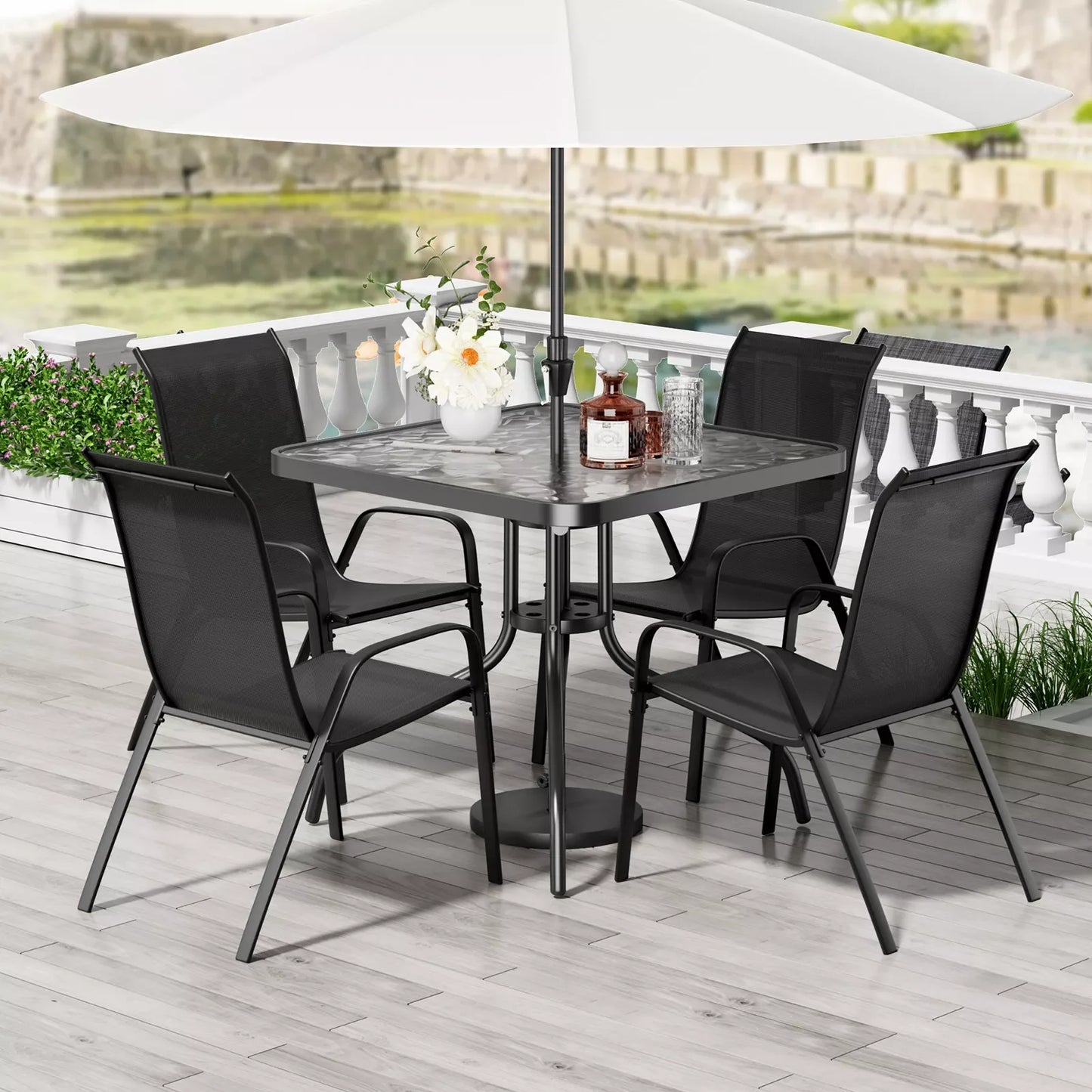 5 Pieces, All Weather Outdoor Patio Dining Set W/ 30"x30" Table and 4 Stackable Chairs