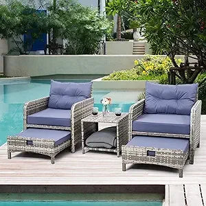 5 Pieces Wicker Outdoor Patio Chairs Set with Coffee Table and Ottomans