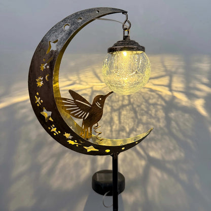 Solar-powered moon-shaped with hummingbird and glass ball yard decor