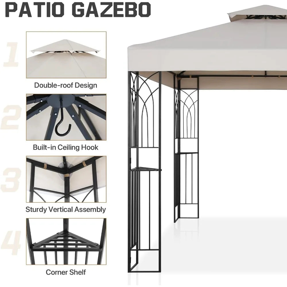 8x8 Outdoor Patio Gazebo with Corner Shelves, Two-Tier Soft Top Canopy