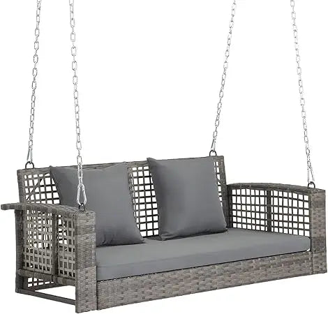 "3-Person Wicker Porch Swing with Cushion and Pillows