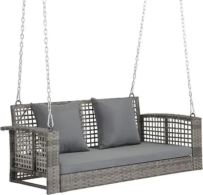 "3-Person Wicker Porch Swing with Cushion and Pillows