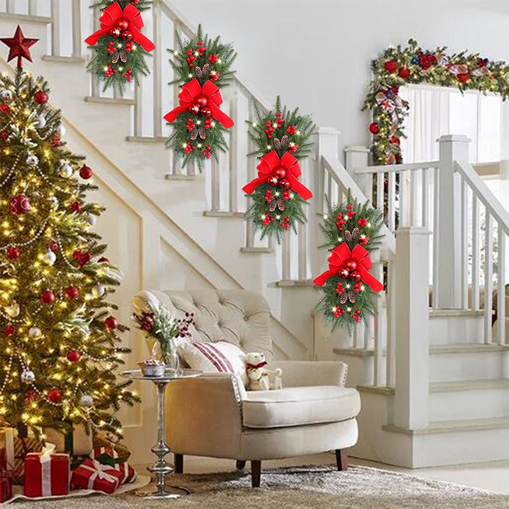 Artificial Prelit Stairway Trim with Pinecones&Bowknot Bells Christmas Decor Wreath for Stair Front Door Decoration