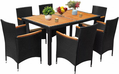 7 Piece Patio Dining Set Outdoor Acacia Wood Table and Chairs with Soft Cushions