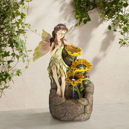 Garden Fairy with Sunflowers Faux Stone Floor Fountain with Light