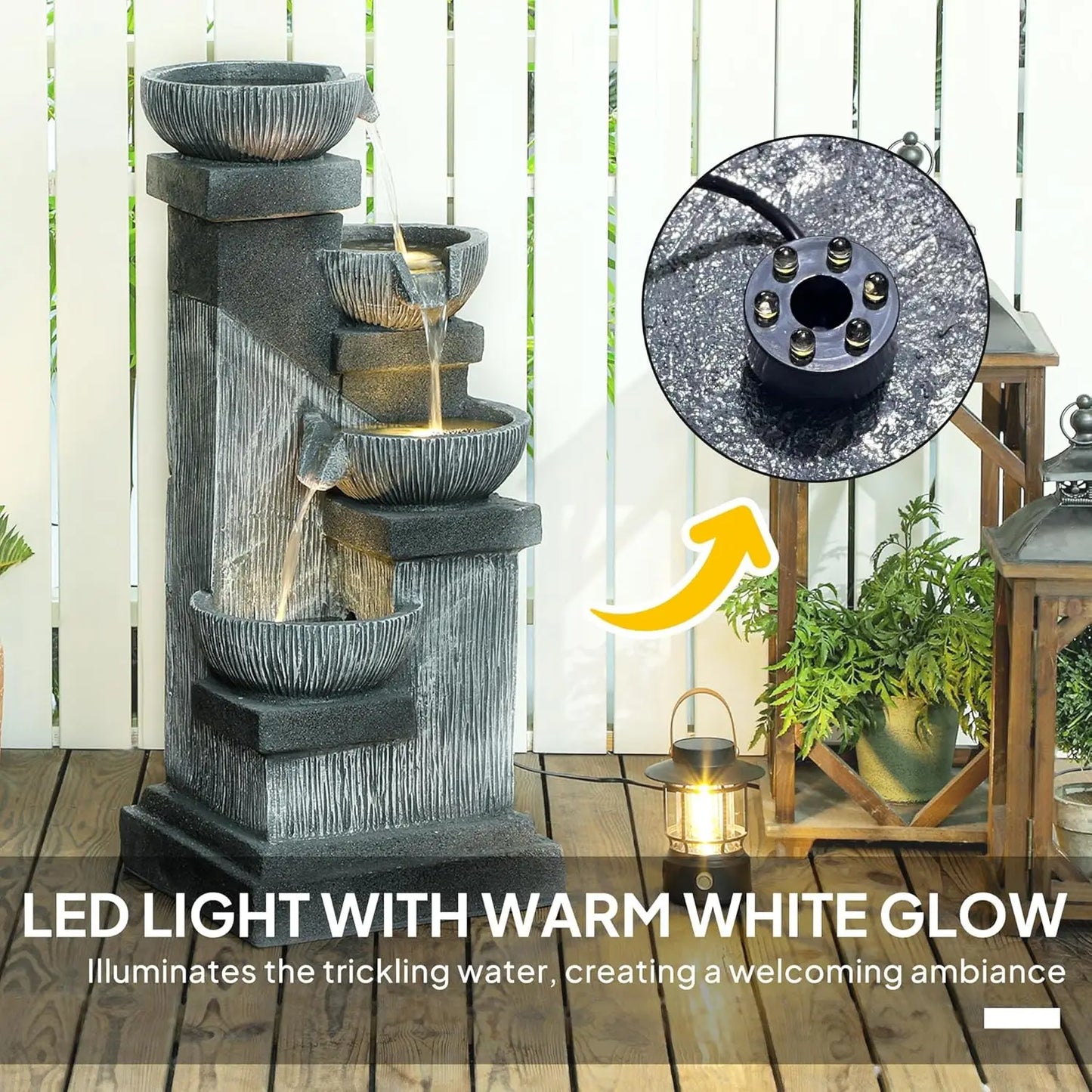 33.5" Tall, 4-Tier Floor Standing Resin Cascading Bowls Waterfall Fountain with LED Lights