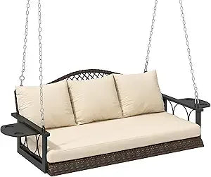 3 Person Wicker Porch Swing with Cup Holder