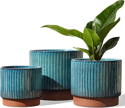 Set of 3 Ceramic Plant Pots with Drainage Holes, 8+6.7+5.5 Inch