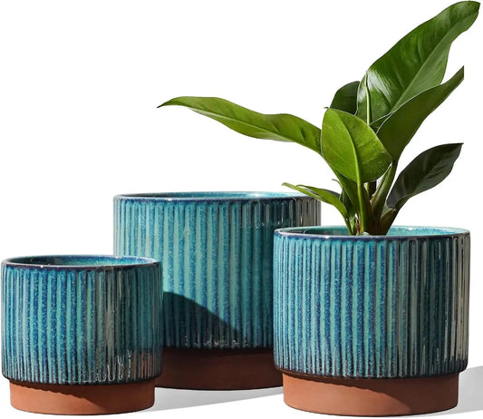 Set of 3 Ceramic Plant Pots with Drainage Holes, 8+6.7+5.5 Inch