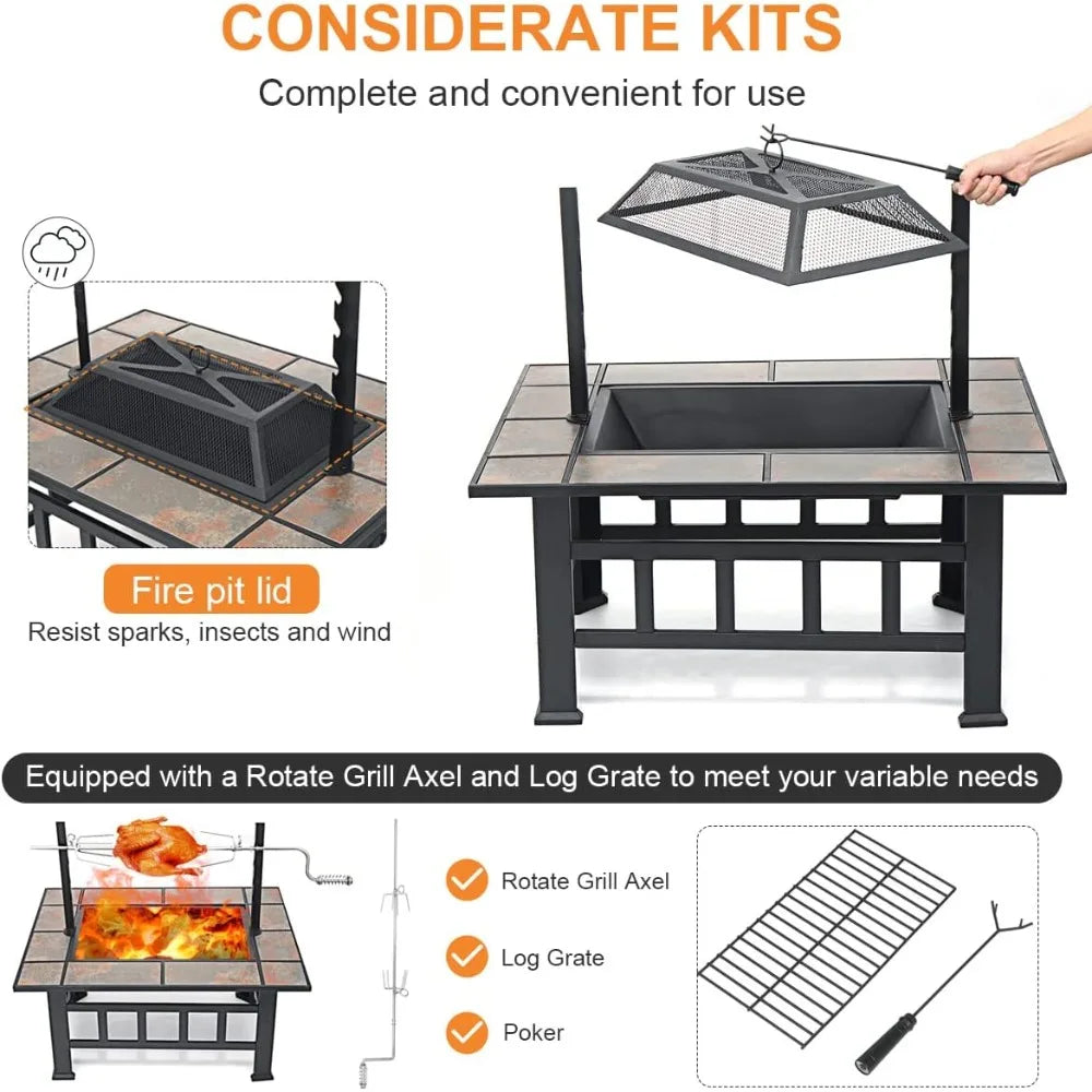37 Inch Outdoor Square Wood-Burning Fire Pit with Grill