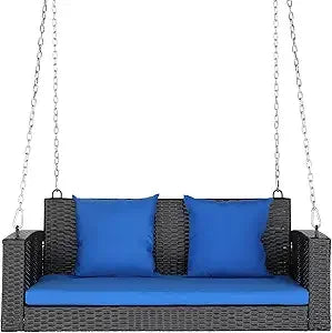 "3-Person Wicker Porch Swing with Cushion and Pillows