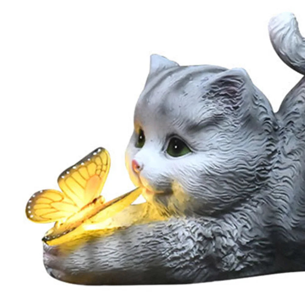 Cute Cat and Butterfly Solar Garden Statue