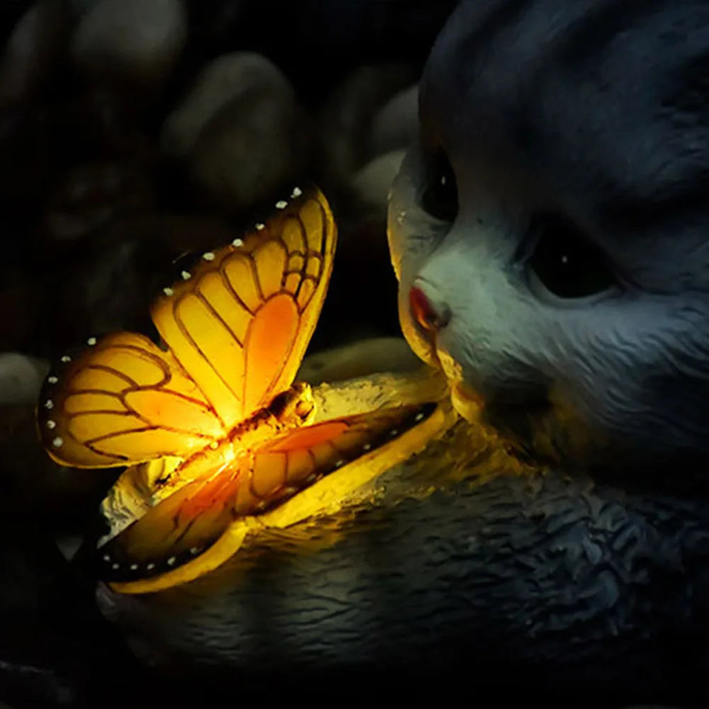 Cute Cat and Butterfly Solar Garden Statue