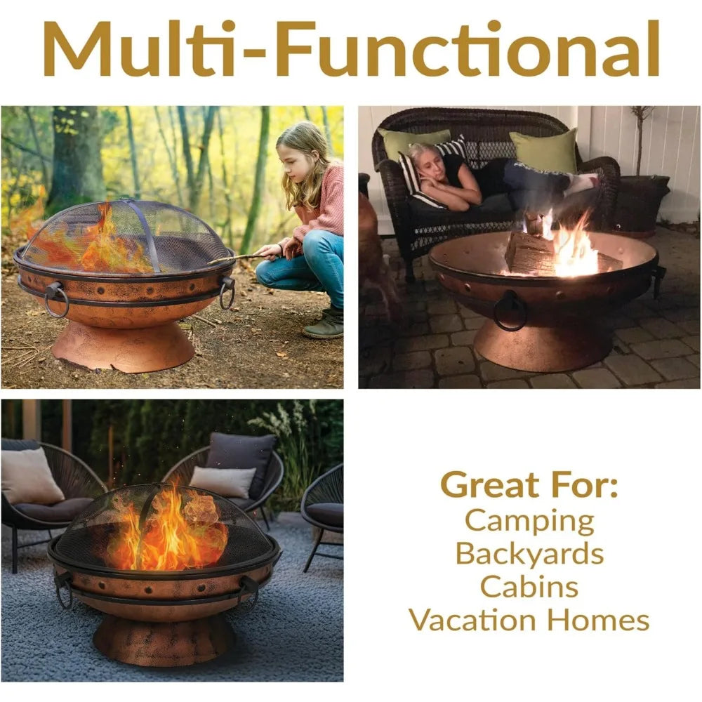 30-Inch Wood Burning Fire Pit with Poker and Screen - Copper Finish