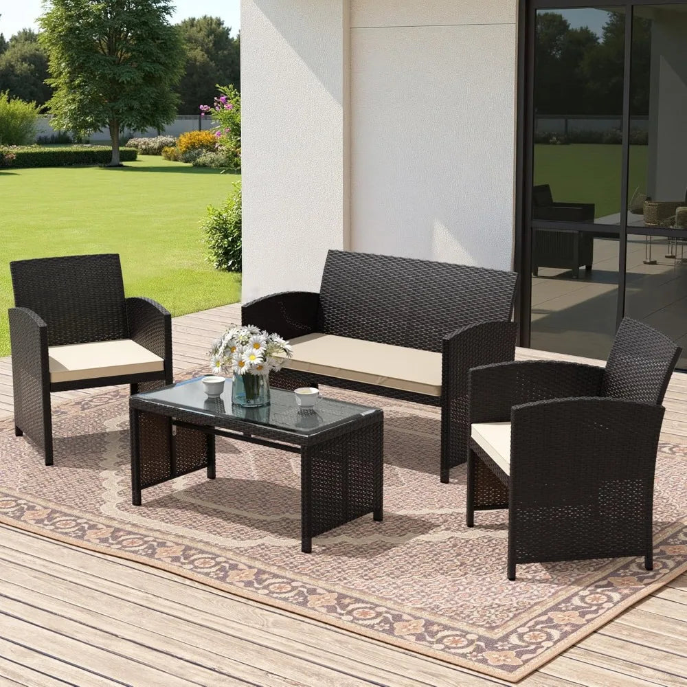 4-piece wicker conversation set with 2 rattan chairs 1 loveseat 1 coffee table removable seat cushion