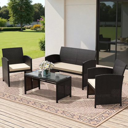 4-piece wicker conversation set with 2 rattan chairs 1 loveseat 1 coffee table removable seat cushion