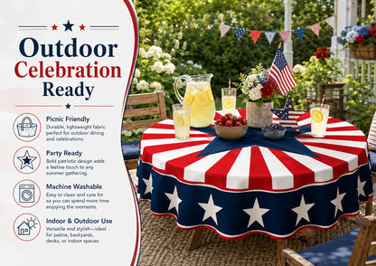 Round Patriotic Tablecloth Red White Blue Star Stripes Print