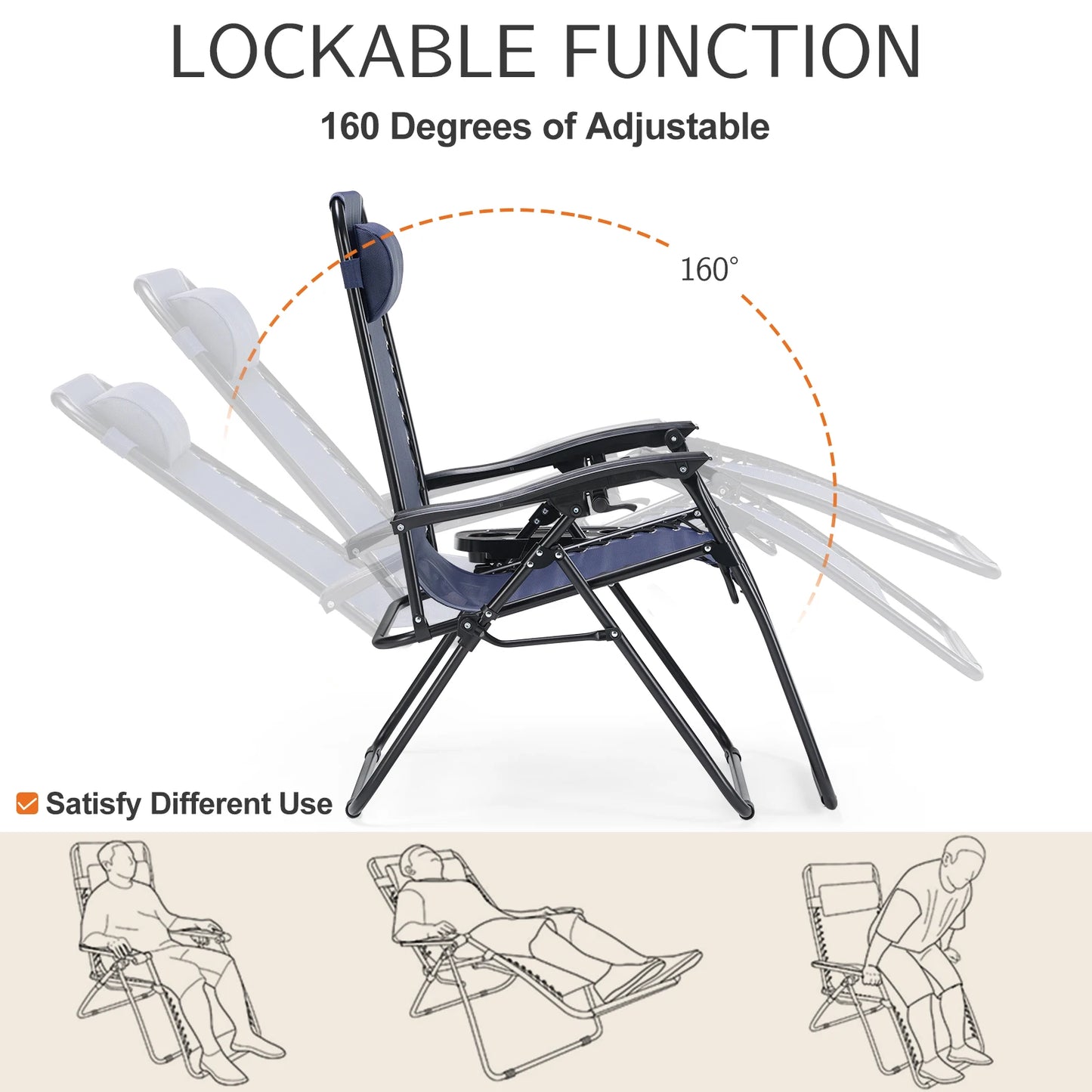 Zero Gravity Portable Recliner with Cup Holder Trays and Adjustable Pillow