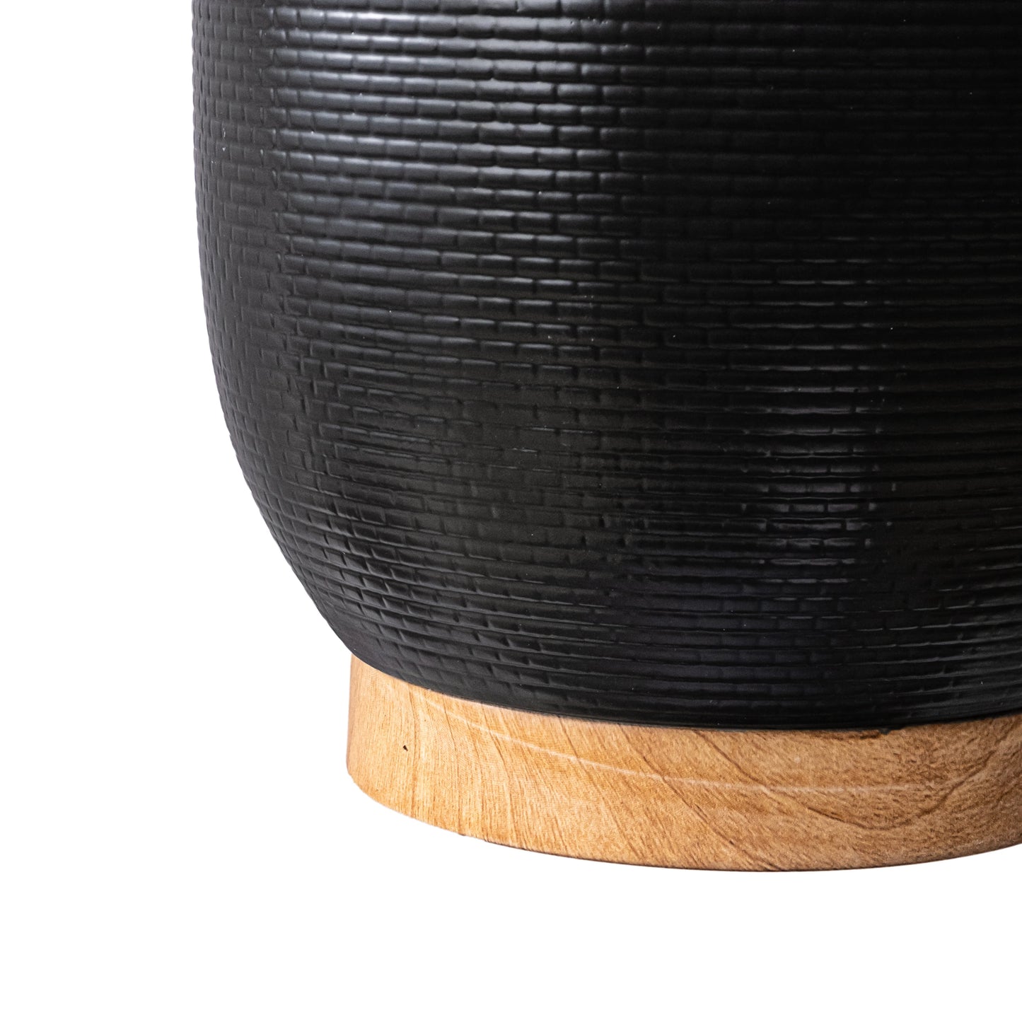 10 inch black ceramic planter with woven texture and modern design