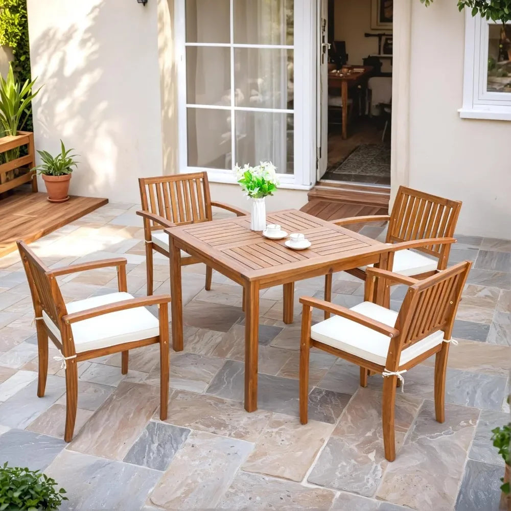5 Piece Acacia Wood Patio Table and Chairs with Soft Cushions