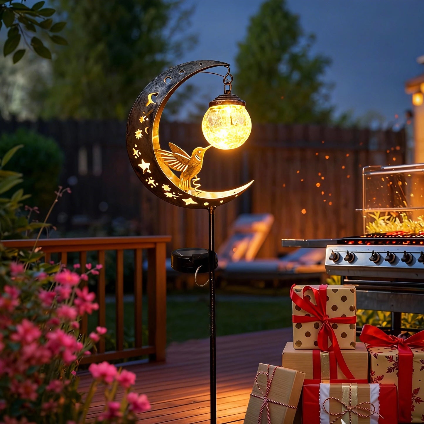Solar-powered moon-shaped with hummingbird and glass ball yard decor