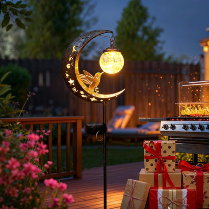 Solar-powered moon-shaped with hummingbird and glass ball yard decor