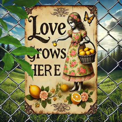Vintage Style Love Grows Here Metal Sign