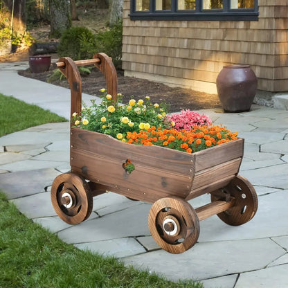 4-Wheel Wood Garden Wagon Decor with 2 Drainage Holes