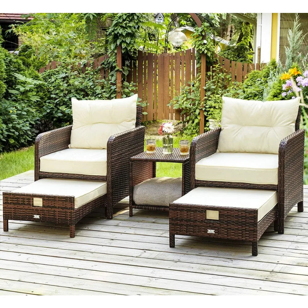 5 Pieces Wicker Outdoor Patio Chairs Set with Coffee Table and Ottomans
