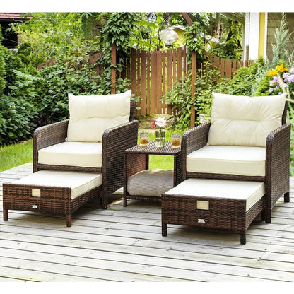 5 Pieces Wicker Outdoor Patio Chairs Set with Coffee Table and Ottomans