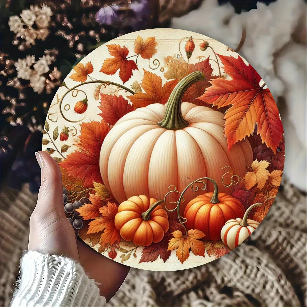 8x8 Inch Round Metal Pumpkin Wall Art