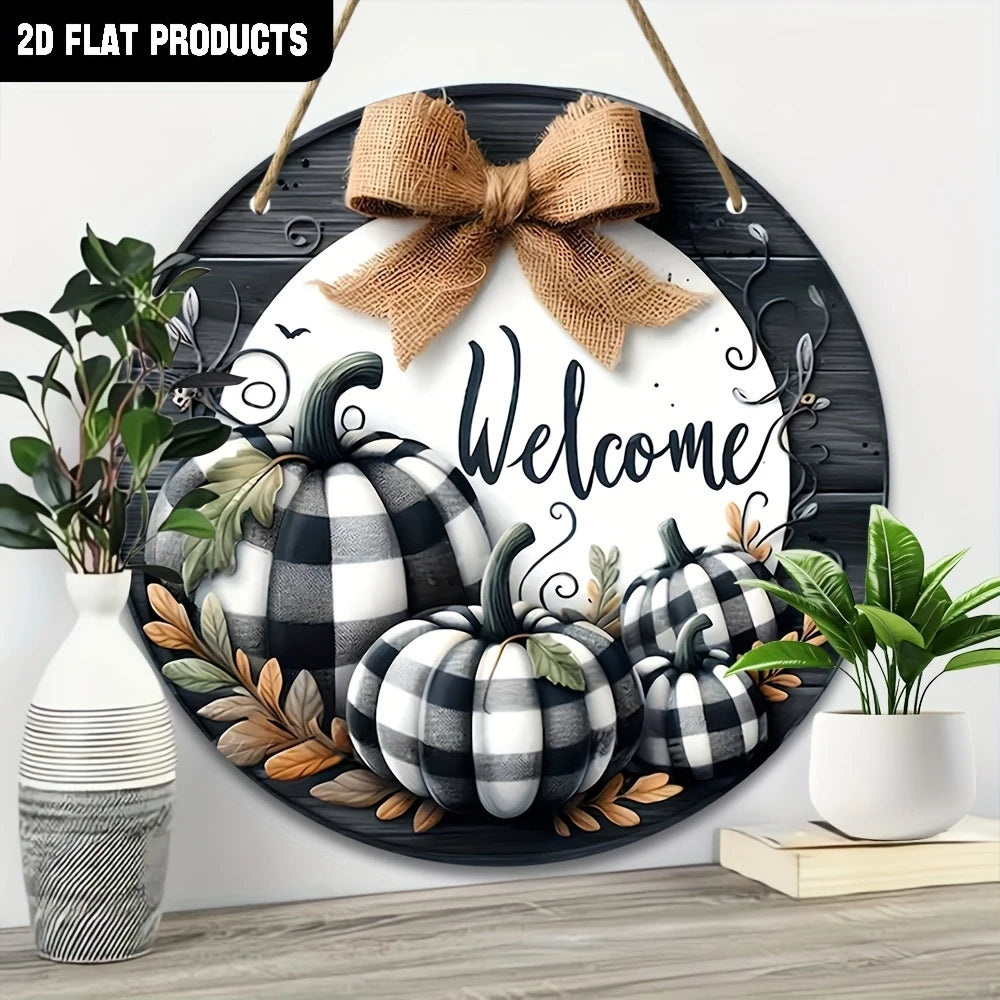 Wooden wall welcome sign wreath pumpkin design