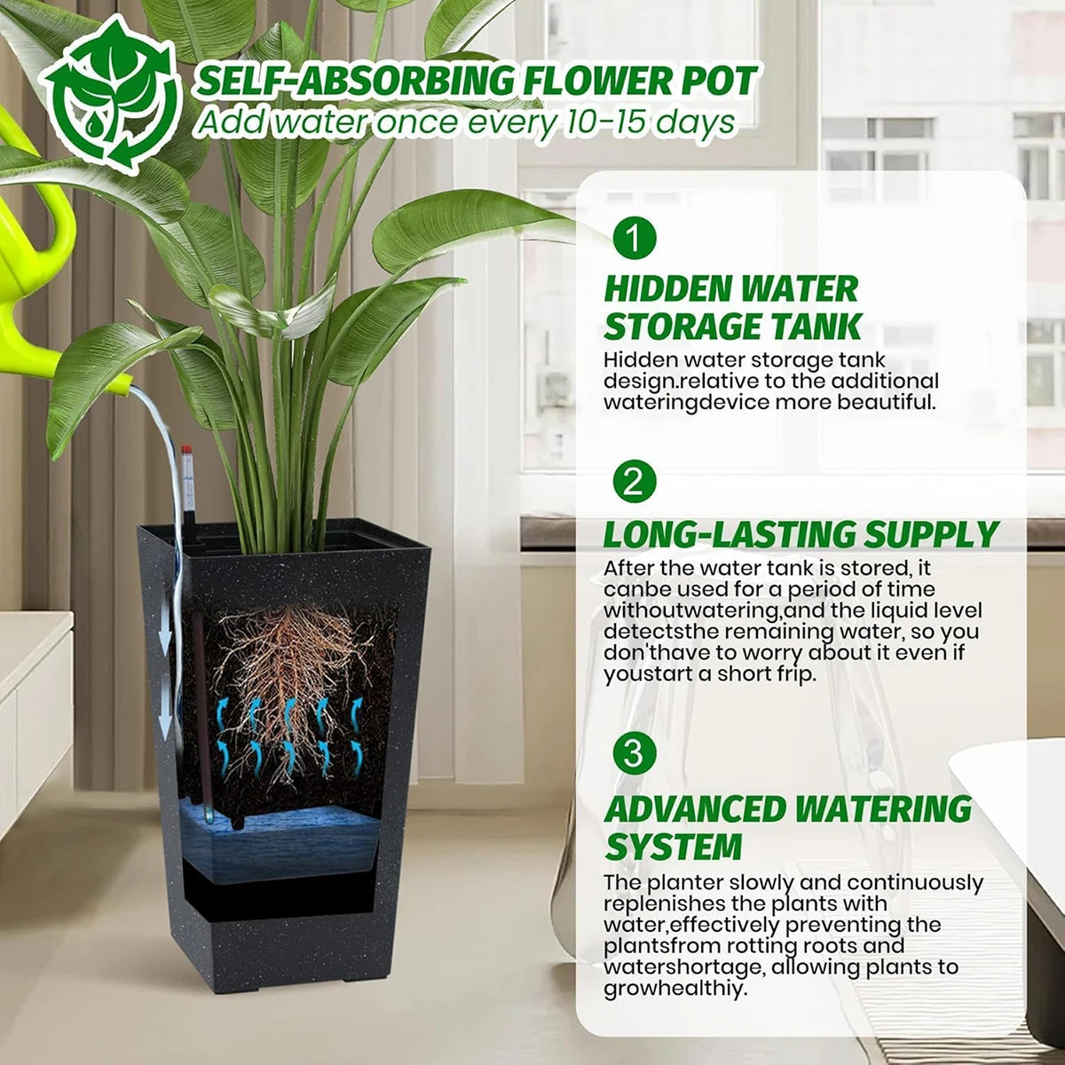 Large Plant Pots with Drainage Holes＆ Water Level Monitor