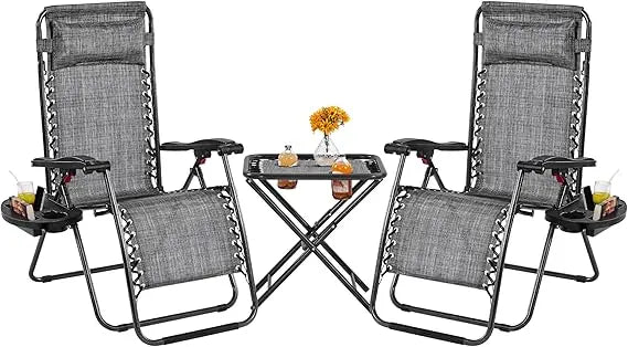 3PCS Zero Gravity Recliner Portable Outdoor Reclining Chair Set w/Side Table