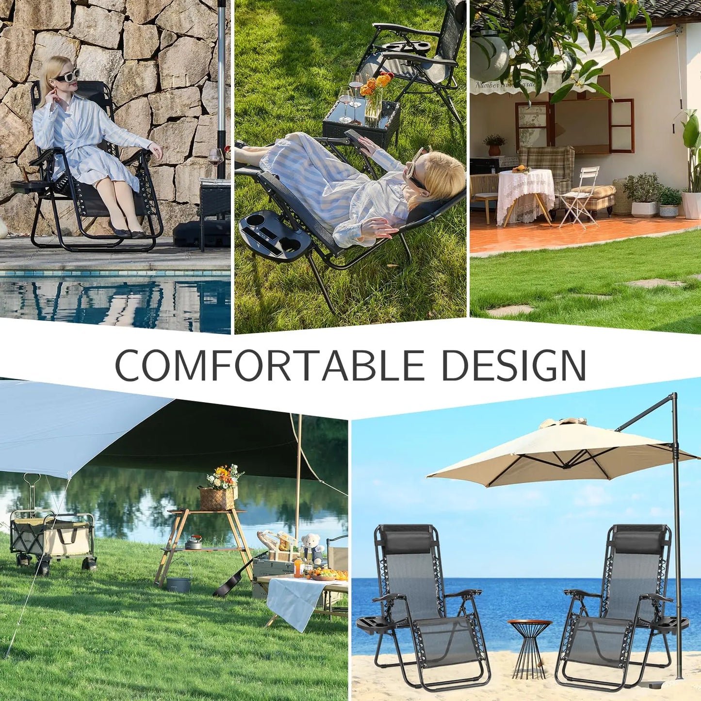 Zero Gravity Portable Recliner with Cup Holder Trays and Adjustable Pillow