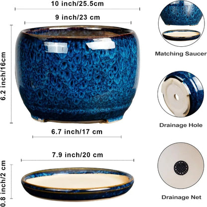 10 Inch Ceramic Planter Pot with Drainage Hole and Sauce