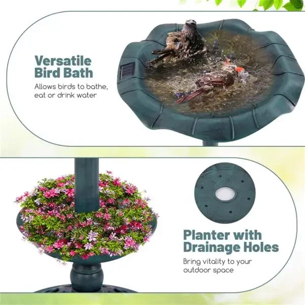Green Standing Pedestal Birdbath and Feeder Combo with Solar Powered Lamp